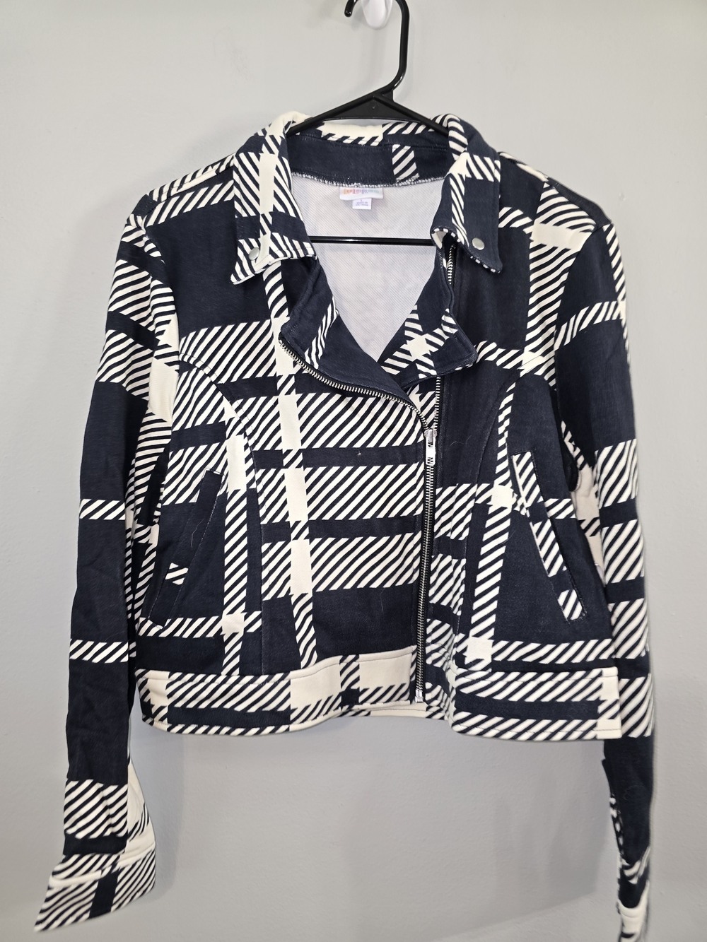 LuLaRoe Black and White Plaid Zip Moto Jacket